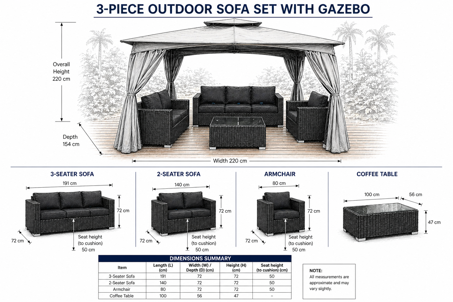 Mpika 3-Piece Rattan Outdoor Sofa Set with Coffee Table